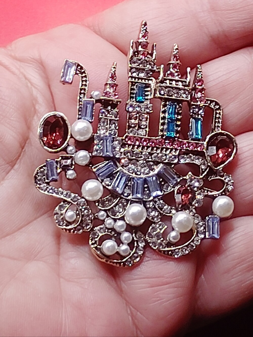 The Most Magical Castle Gold-Tone Multicolor Crystal & Pearl Decorative Brooch